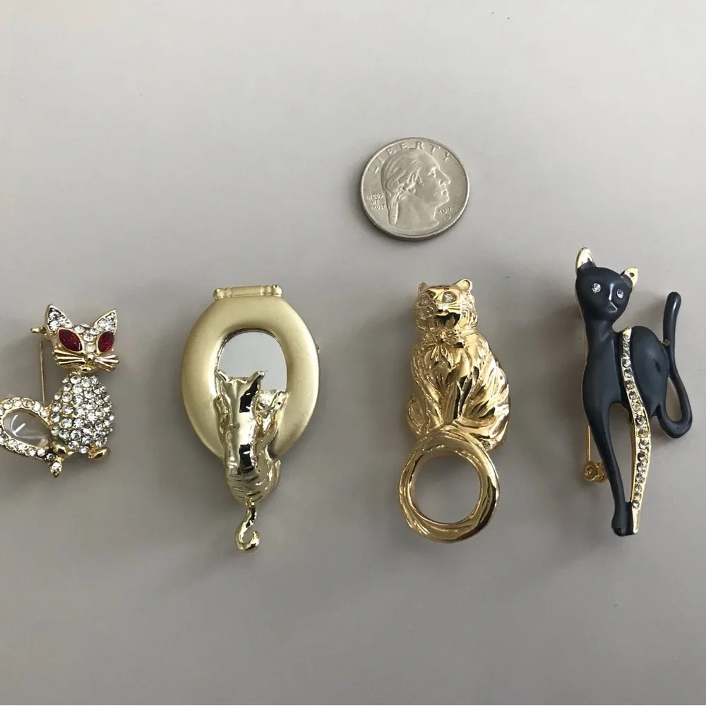 Bundle - Lot of Four Pretty Kitty Cat Pins Brooches in Gold. Tone